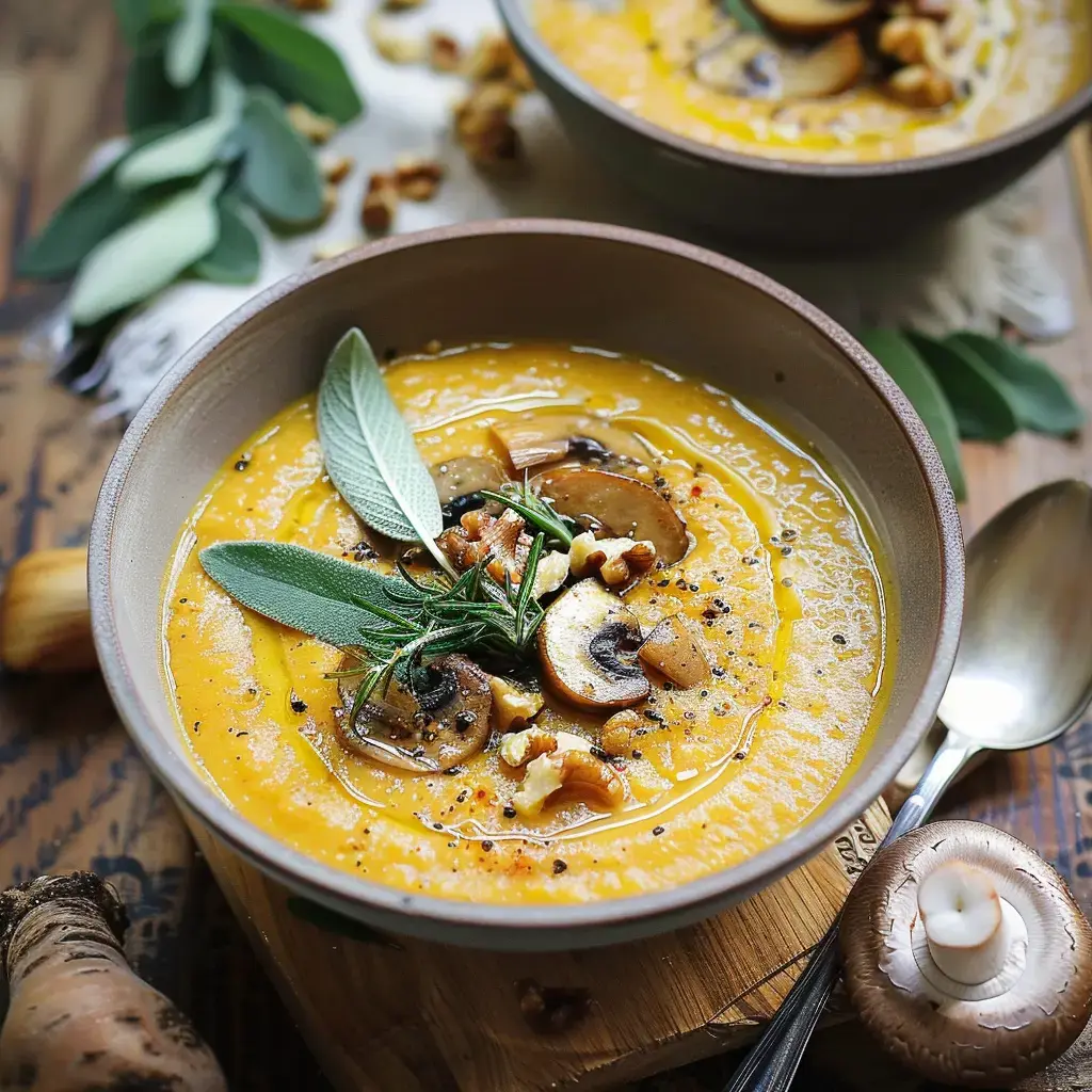 Un bol de soupe crémeuse orange garni de champignons, de noix et d'herbes fraîches.