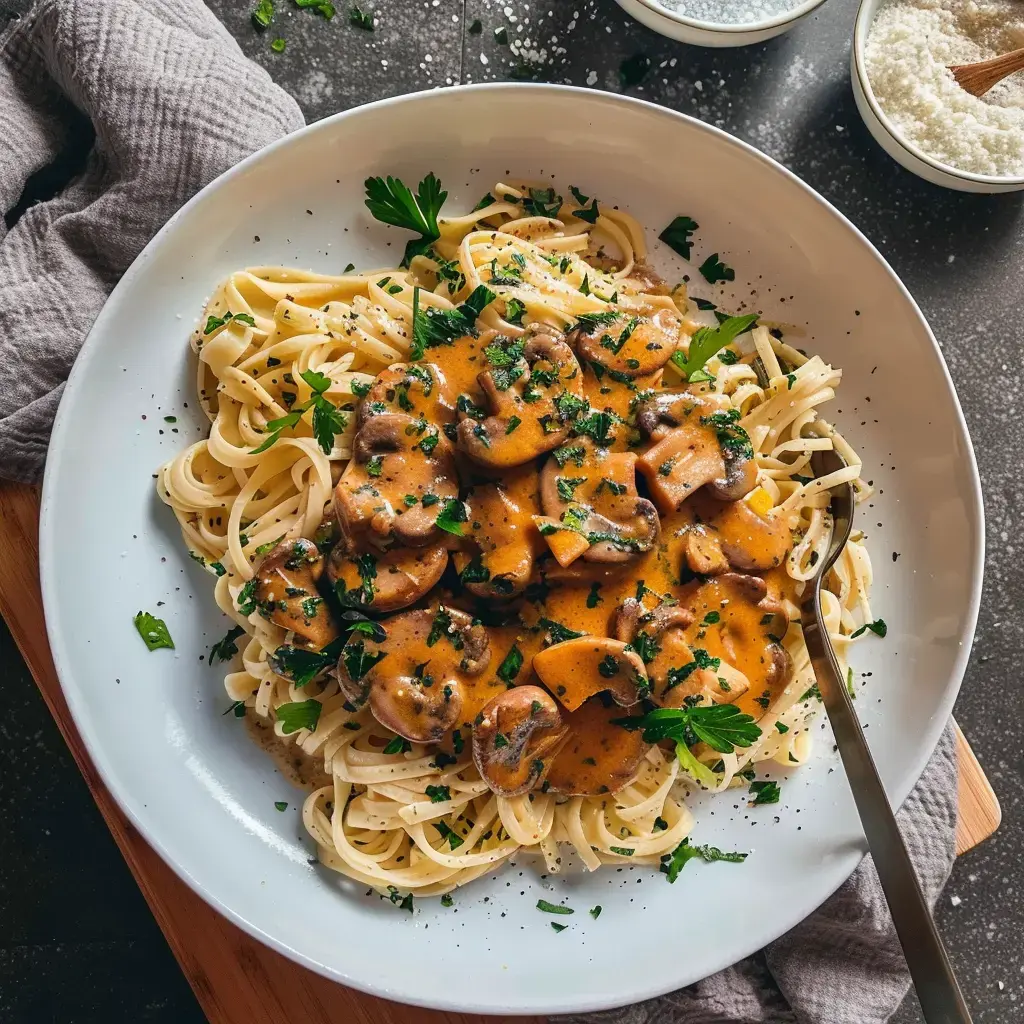 Un plat de pâtes linguine servi avec une sauce crémeuse aux champignons et garni de persil frais.