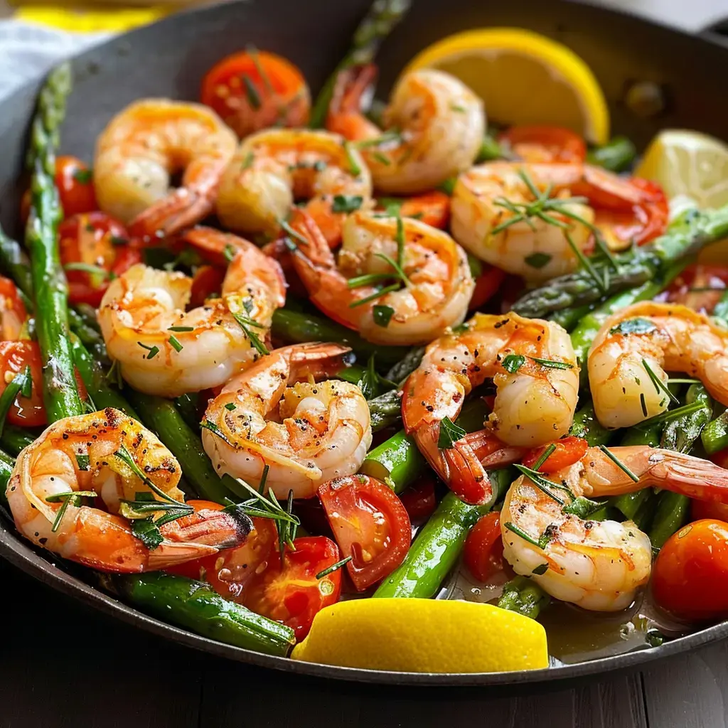 Une poêle garnie de crevettes grillées, de tomates cerises et d'asperges, décorée de citron et d'herbes.