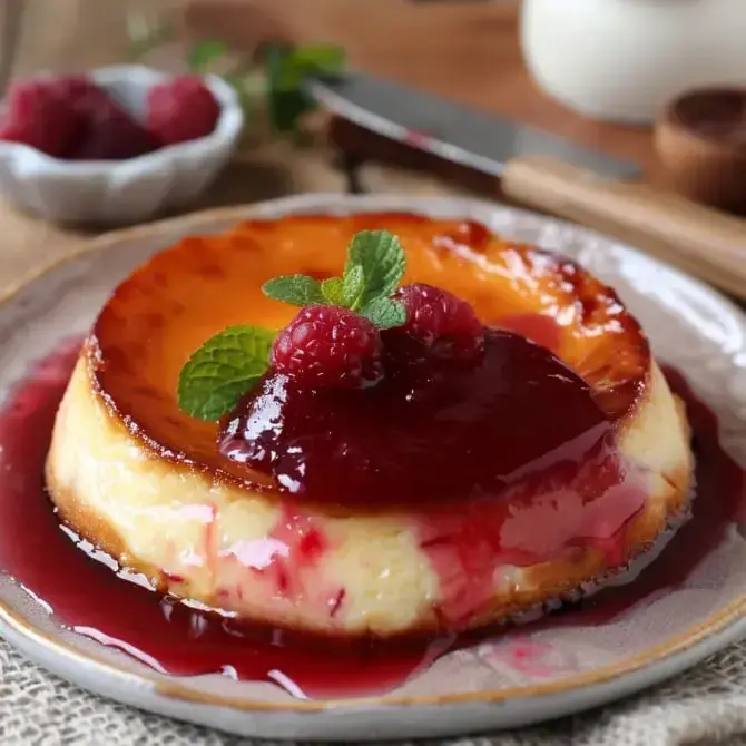 Un flan garni de coulis de framboise et décoré de framboises fraîches et de feuilles de menthe.