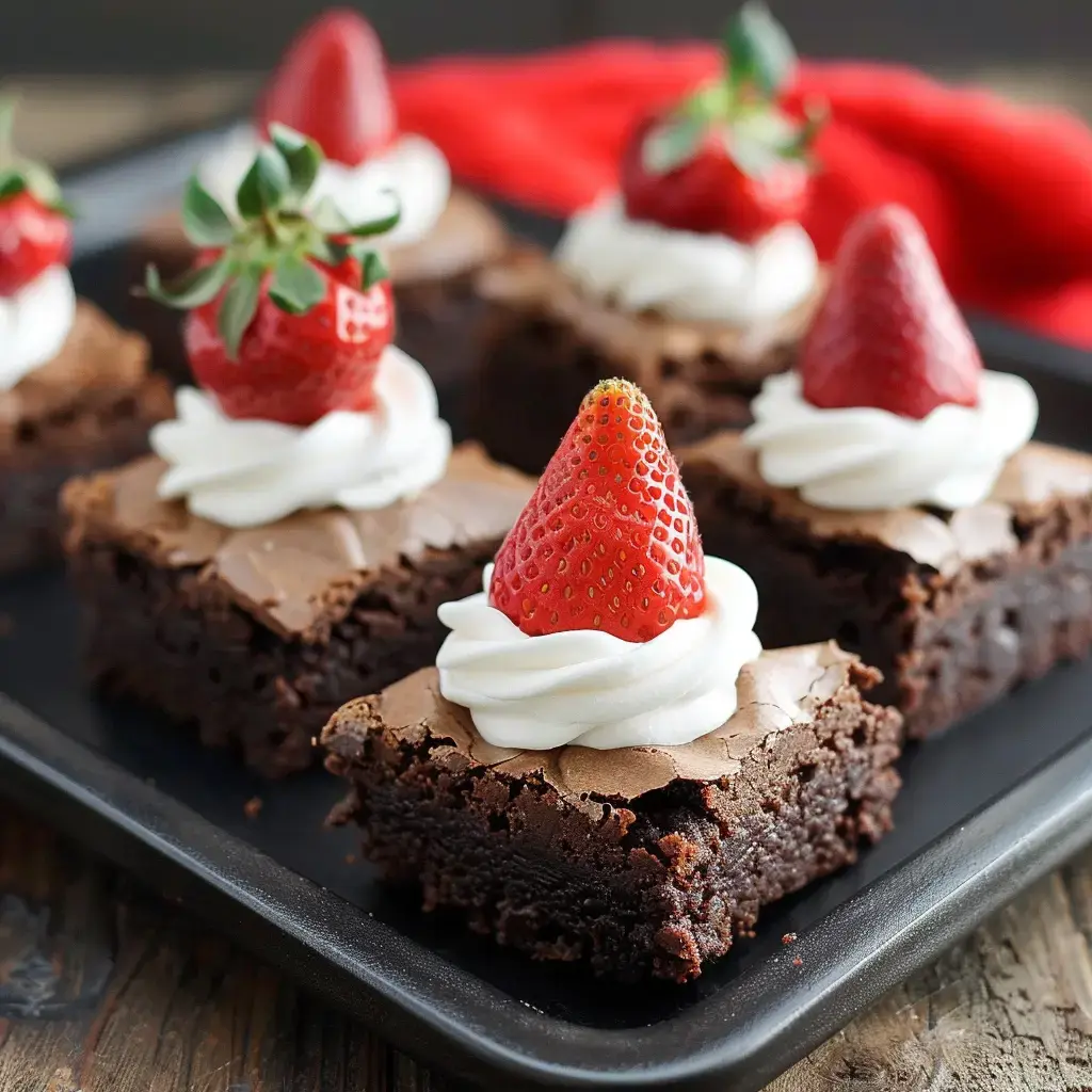 Des brownies au chocolat garnis de crème fouettée et de fraises fraîches sont présentés sur un plat noir.