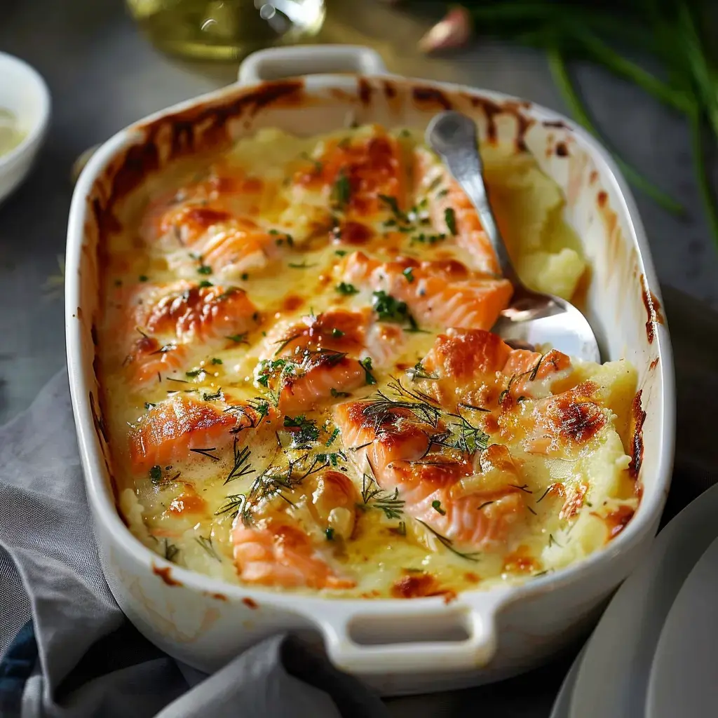 Gratins de saumon et purée de pommes de terre, garnis d'herbes, présentés dans un plat blanc.