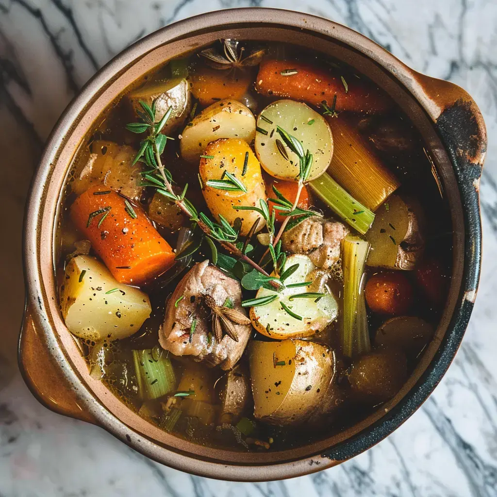 Une cocotte en terre cuite contient un ragoût de viande et de légumes colorés, assaisonné d'herbes.