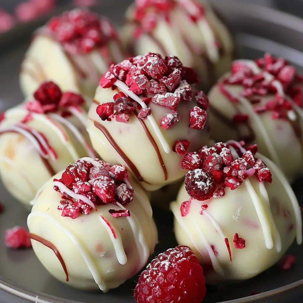 Des boules de chocolat blanc garnies de framboises séchées et de lignes de chocolat fondu, présentées sur un plat.