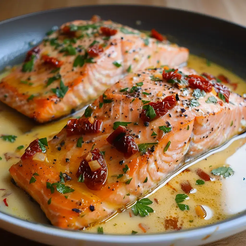 Deux pavés de saumon cuits dans une sauce au beurre avec des herbes et des tomates séchées, présentés dans une poêle.