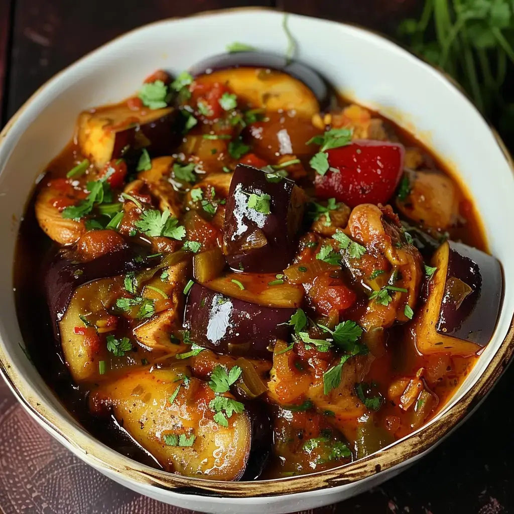 Un plat de ratatouille riche en légumes, principalement composé d'aubergines, de tomates et de poivrons, garni de coriandre fraîche.