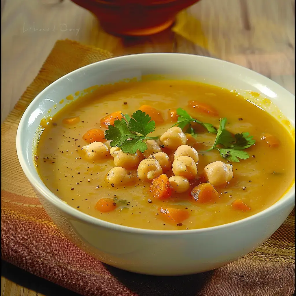 Une soupière blanche remplie d'une soupe onctueuse à base de pois chiches, carottes et garnie de coriandre fraîche.