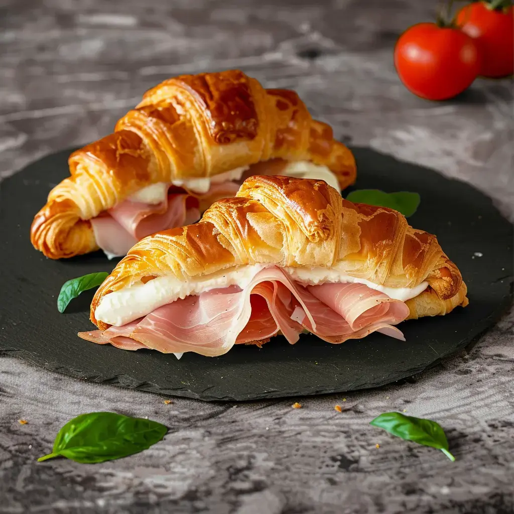 Deux croissants garnis de jambon et de fromage sur un plateau noir, avec quelques feuilles de basilic et des tomates en arrière-plan.