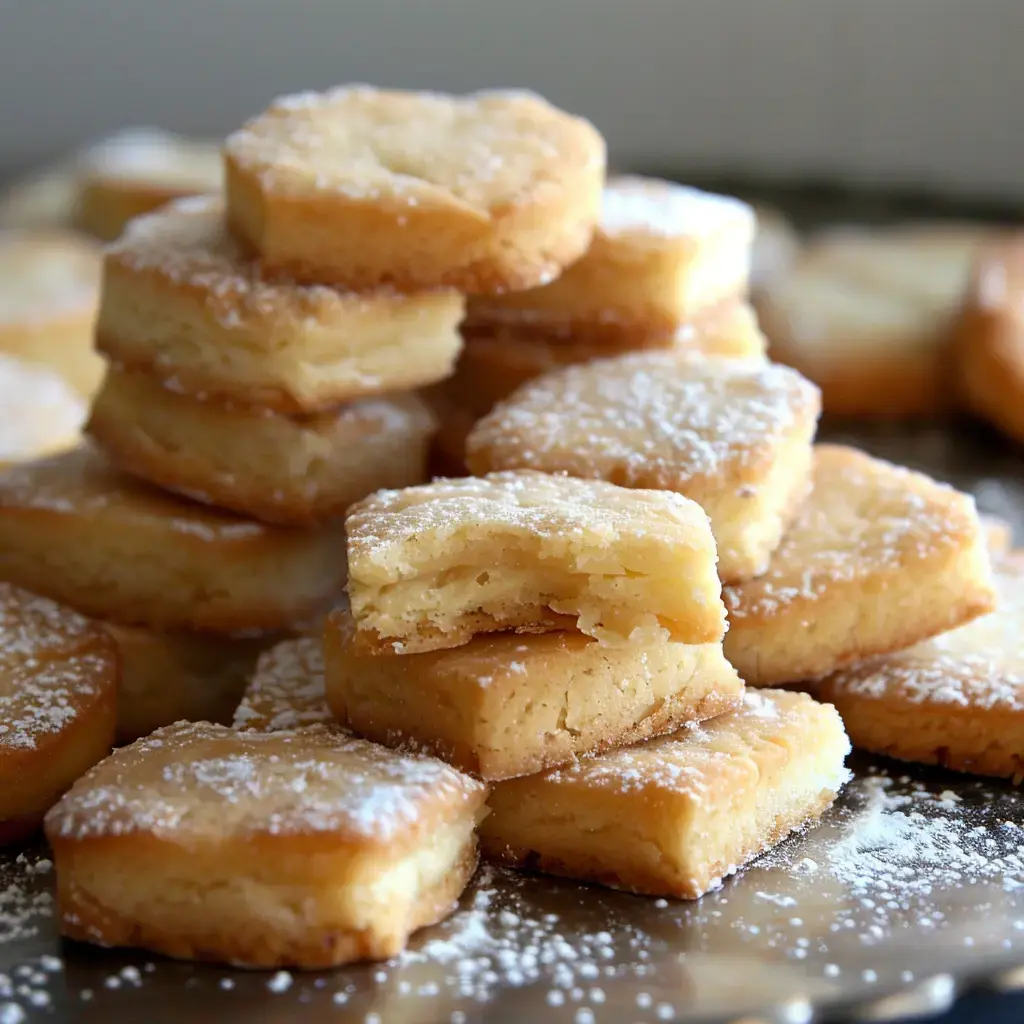 Une pile de biscuits carrés saupoudrés de sucre glace est présentée sur un plat argenté.