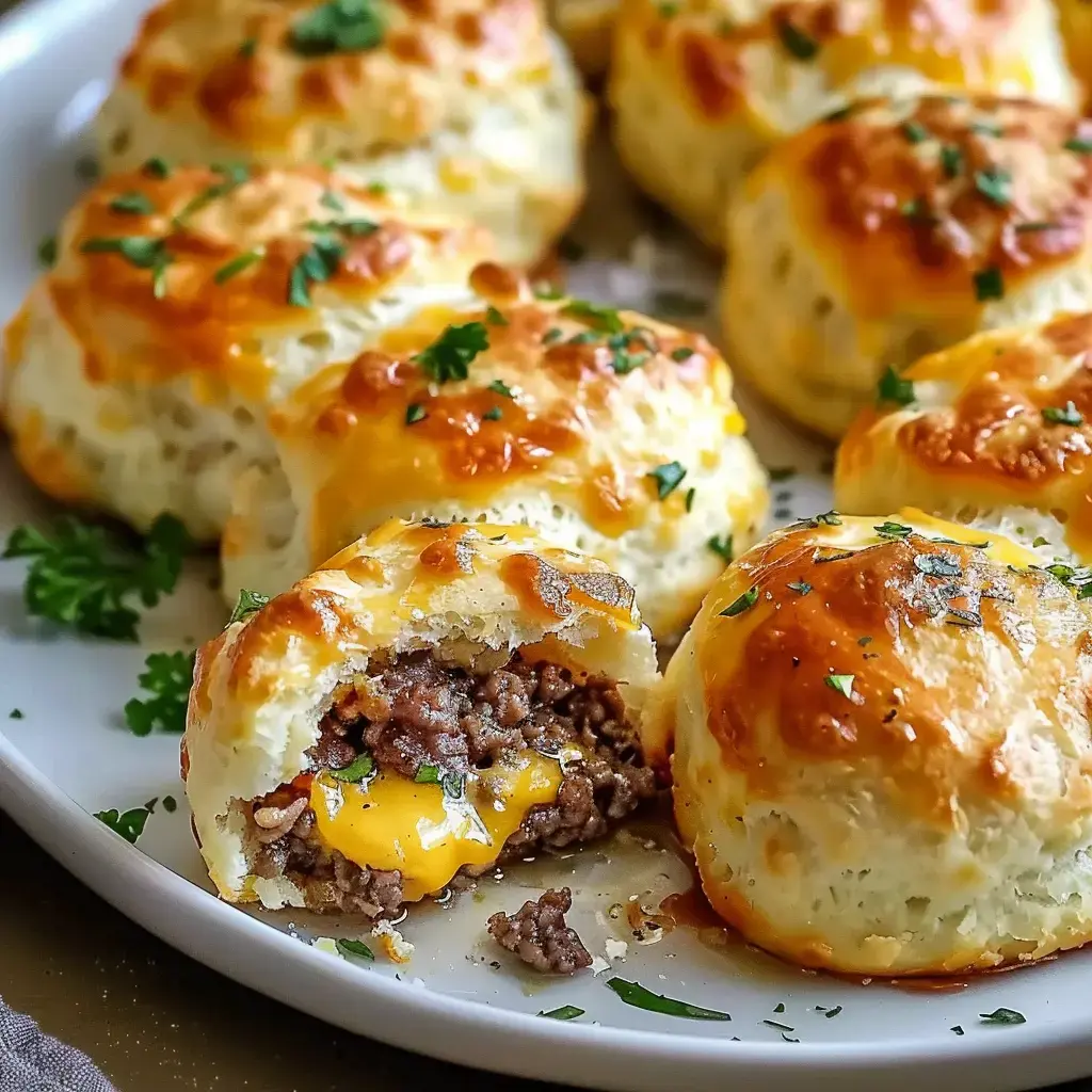 Des biscuits fourrés à la viande hachée et au fromage, garnis de persil, sur une assiette blanche.