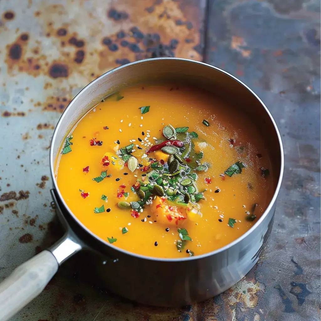 Une casserole de soupe de courge garnie d'herbes fraîches, de graines et de flocons de piment, posée sur une surface rugueuse.