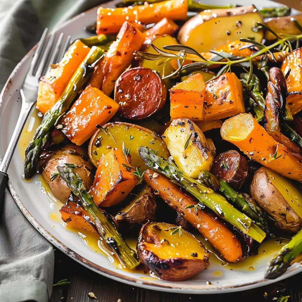 Assiette de légumes rôtis colorés comprenant des carottes, des pommes de terre, des asperges et des morceaux de courge, arrosés d'huile d'olive et assaisonnés.