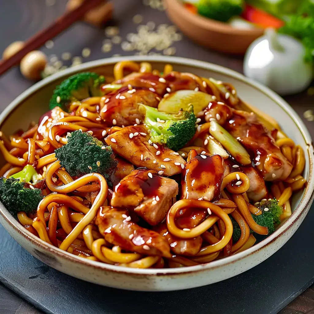 Un plat de nouilles asiatiques, garni de morceaux de poulet, de brocoli et de sauce, saupoudré de graines de sésame.