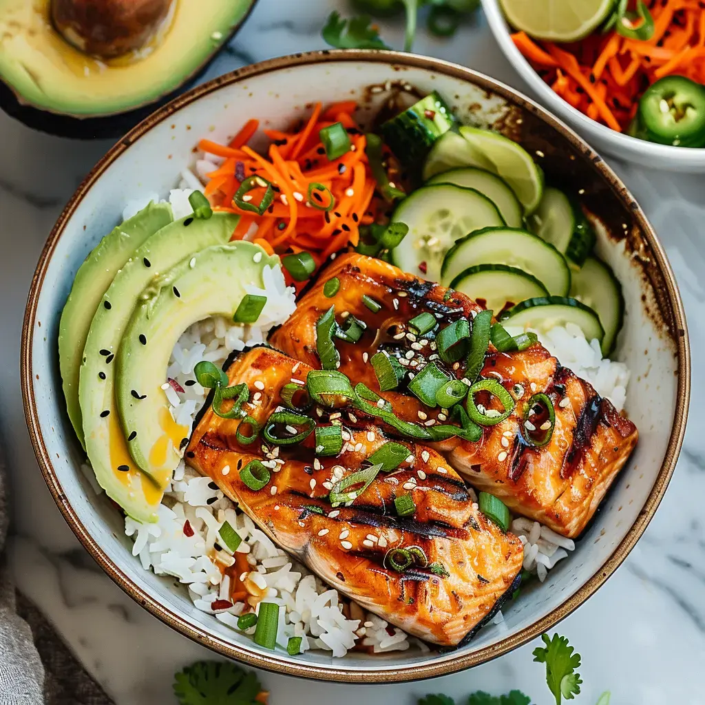 Un bol coloré contenant du riz, du saumon grillé, de l'avocat, des carottes râpées et des tranches de concombre, garni d'oignons verts et de graines de sésame.