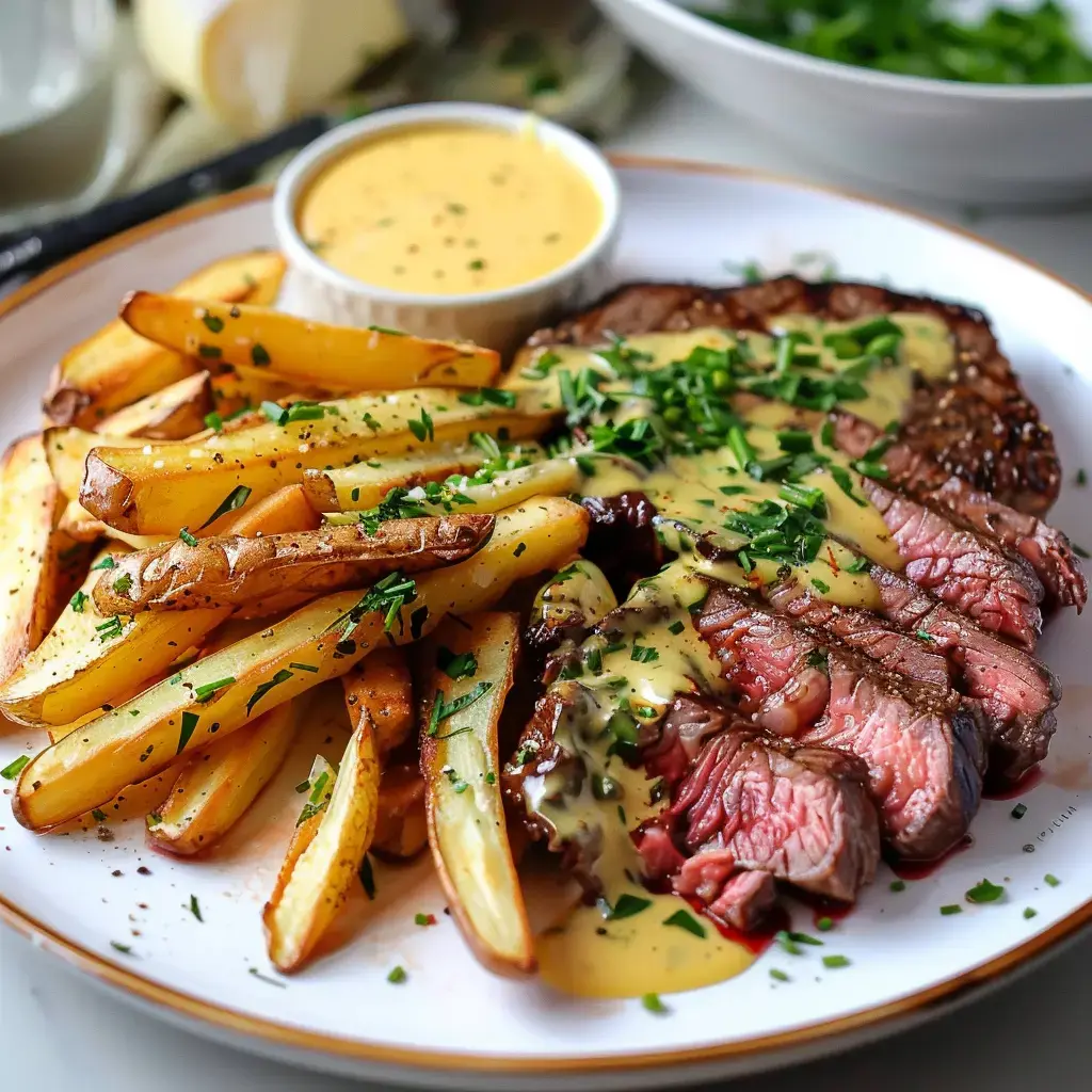 Un plat de steak juteux accompagné de frites dorées et d'une sauce crémeuse, garni de ciboulette hachée.