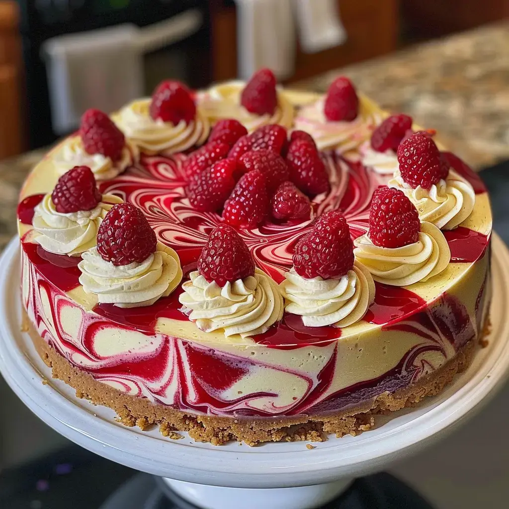 Un gâteau au fromage magnifiquement décoré avec des framboises et de la crème fouettée sur un fond marbré de rouge et jaune.