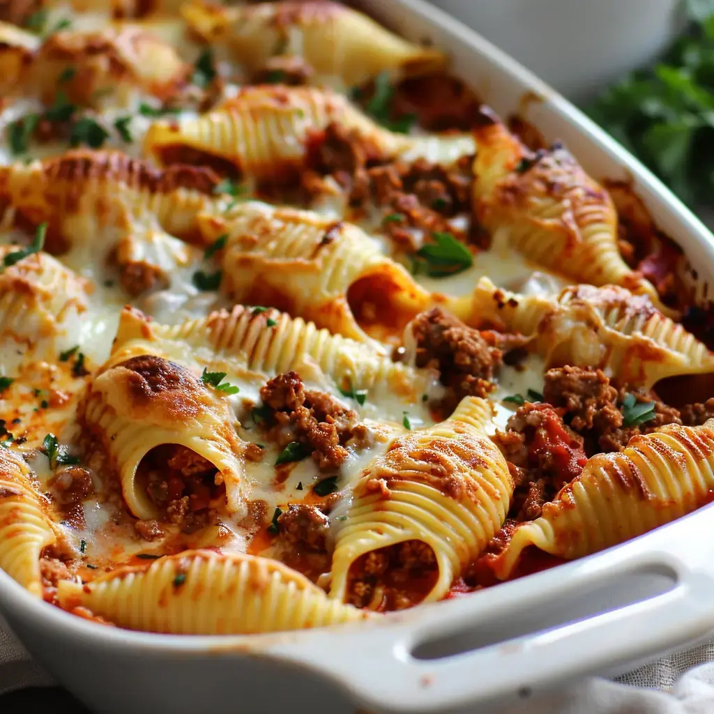 Un plat de pâtes conchiglioni farcies à la viande hachée et au fromage, gratiné au four et garni de persil.