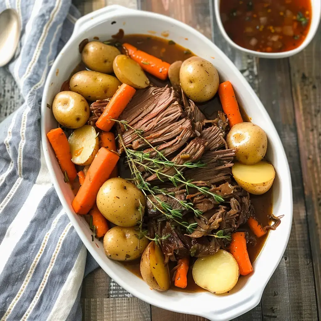 Un plat de viande braisée avec des carottes, des pommes de terre et des herbes, servi dans un plat blanc.