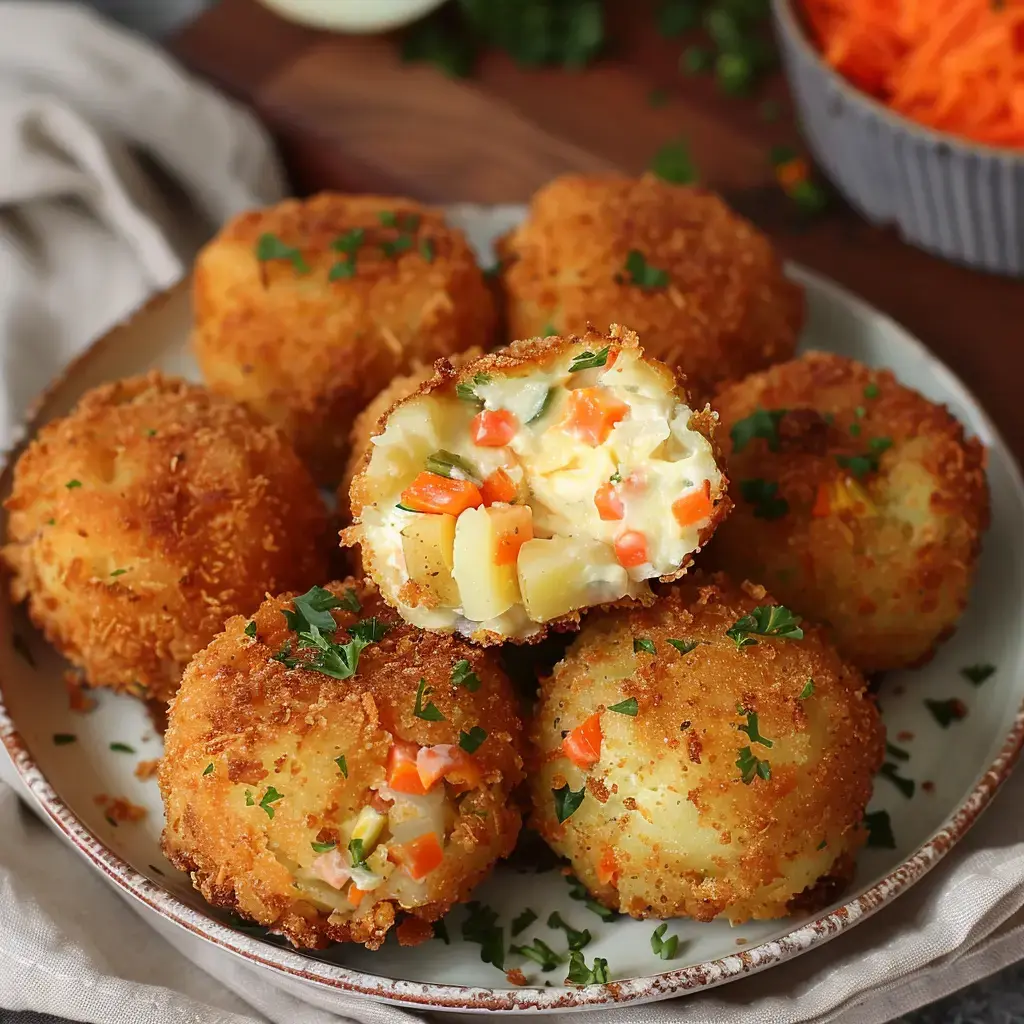 Des boules croustillantes garnies de légumes colorés, servies sur une assiette.