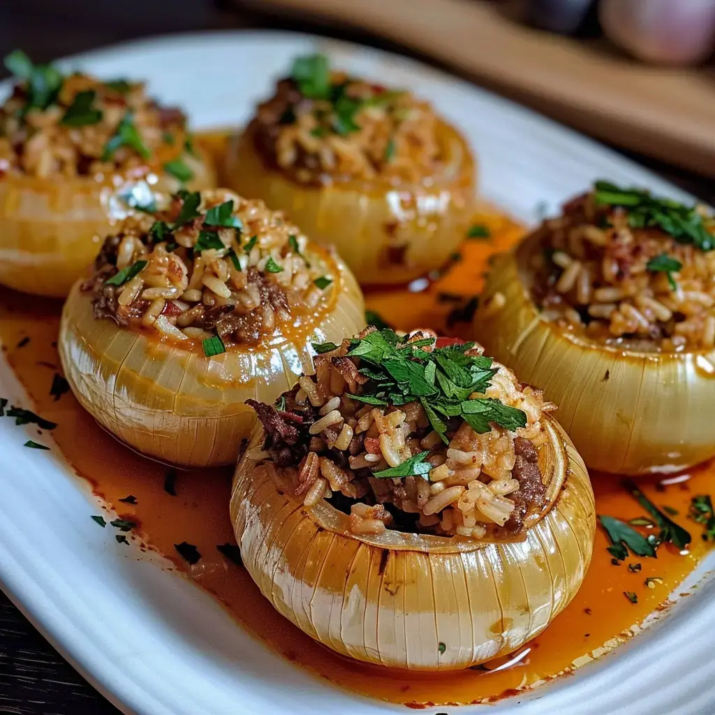 Des oignons farcis de riz et de viande, garnis de persil, servis sur une assiette avec une sauce.