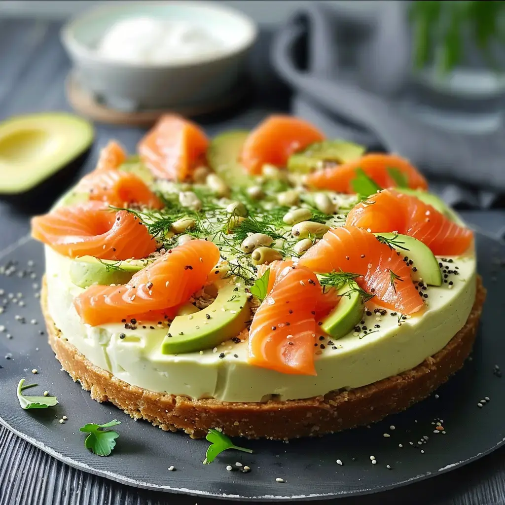 Gâteau au fromage garni de tranches de saumon, avocat, graines et herbes fraîches.