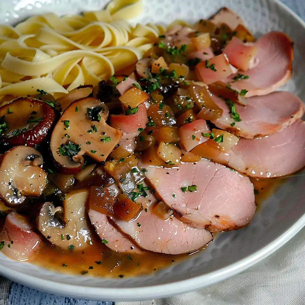 Assiette de pâtes accompagnée de tranches de viande de porc nappées de sauce aux champignons et légumes.