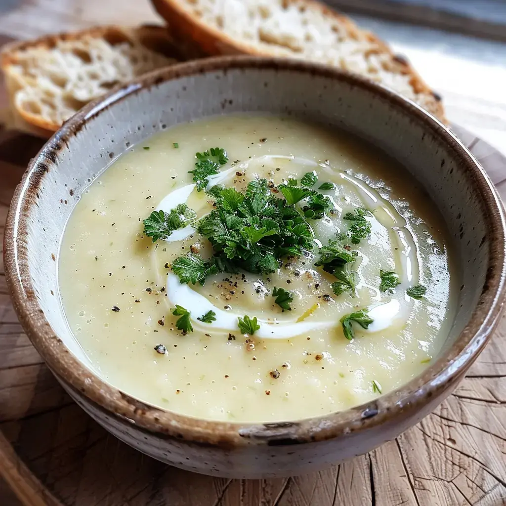 Une soupe crémeuse garnie de coriandre fraîche et d'un filet de crème, accompagnée de tranches de pain.