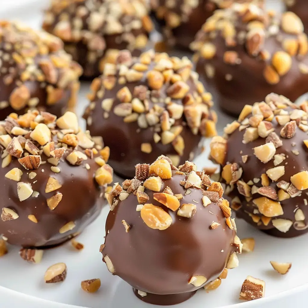 Des boules de chocolat recouvertes de noix concassées sur une assiette blanche.