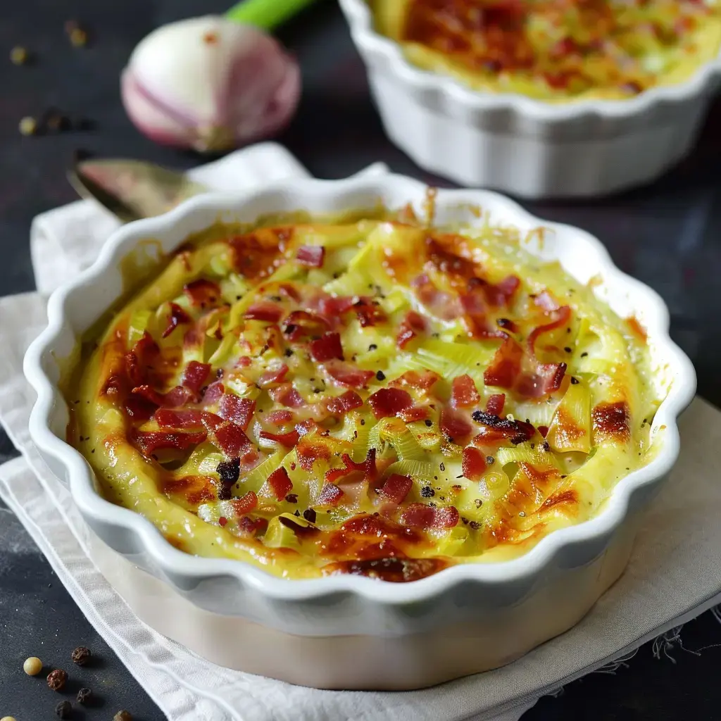 Un plat de gratin aux poireaux et jambon, doré et appétissant, servi dans un plat creux.