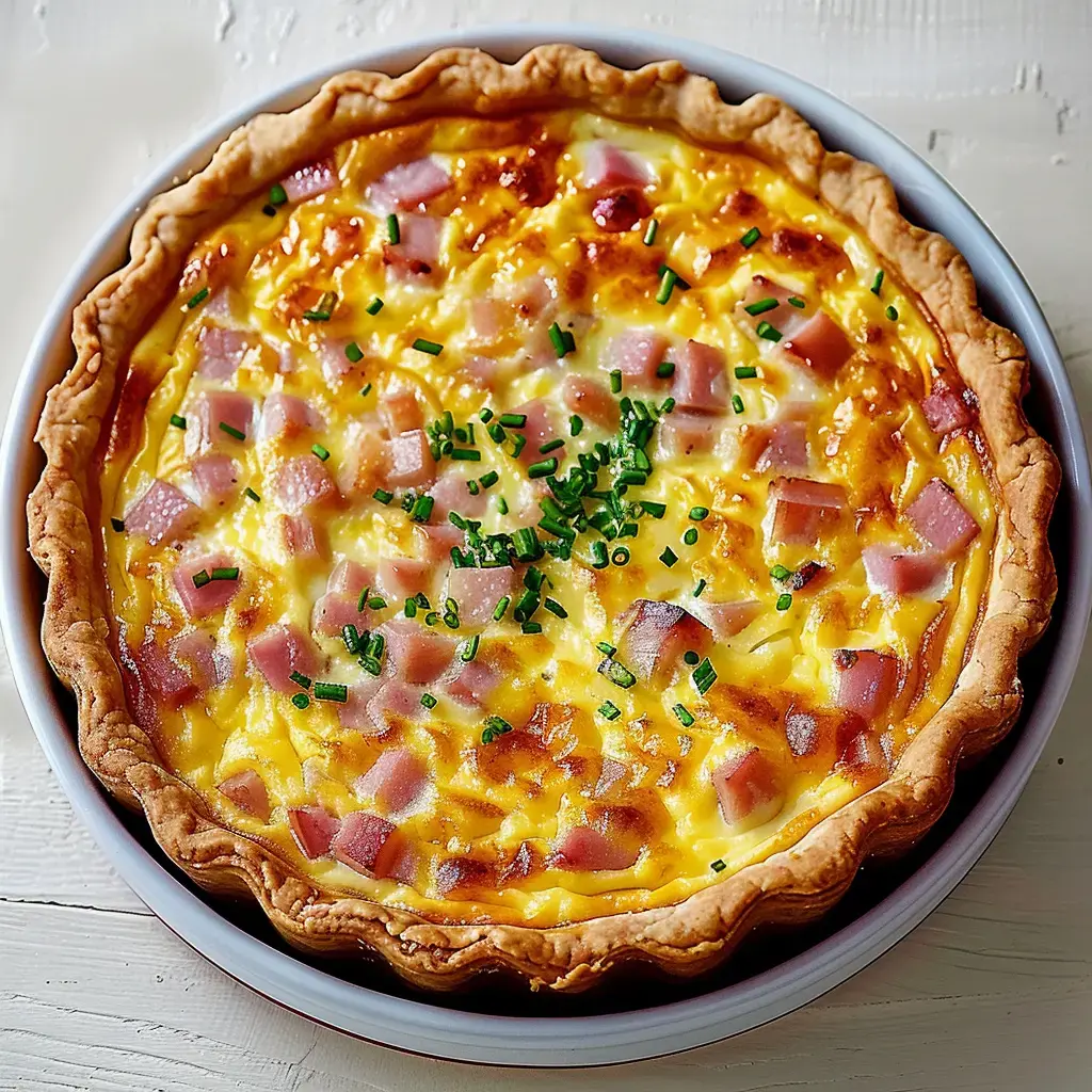 Tarte salée garnie de dés de jambon et de ciboulette.