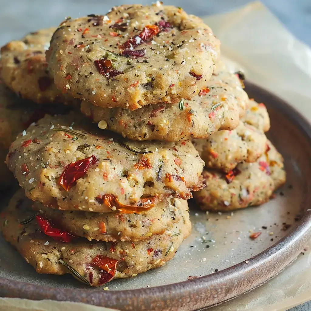 Un tas de biscuits salés garnis de morceaux de tomates séchées et d'herbes, présentés sur une assiette en céramique.