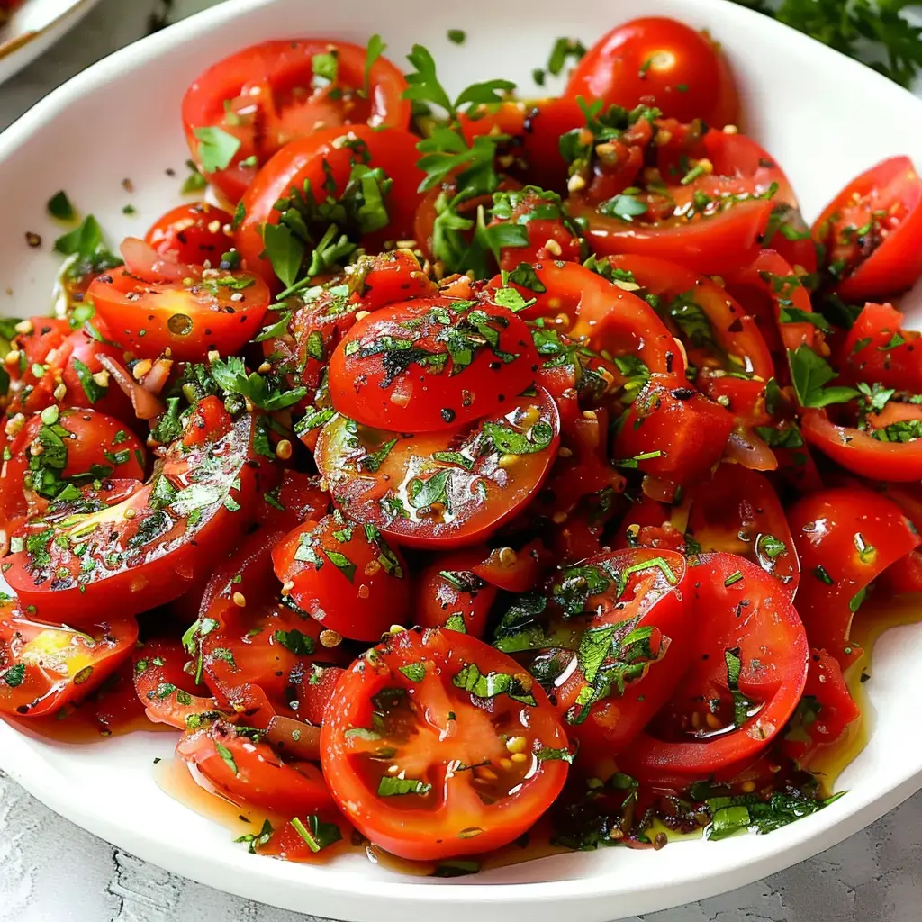 Une assiette de tomates hachées garnies de persil frais et assaisonnées d'huile et d'épices.