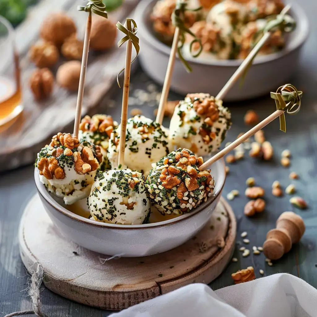 Des boules de fromage enrobées de noix et d'herbes, servies sur des piques en bois dans un bol.