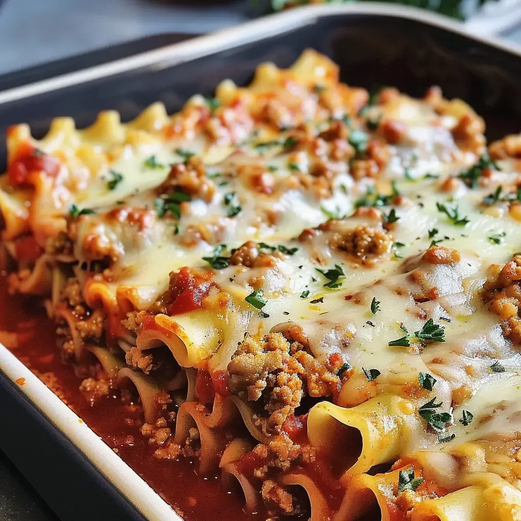 Un plat de lasagnes garnies de viande hachée, de sauce tomate et de fromage, avec une garniture de persil.