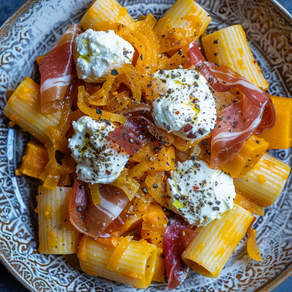 Un plat de pâtes rigatoni garni de morceaux de jambon cru, de légumes en julienne et de cuillerées de fromage ricotta, le tout assaisonné de poivre.