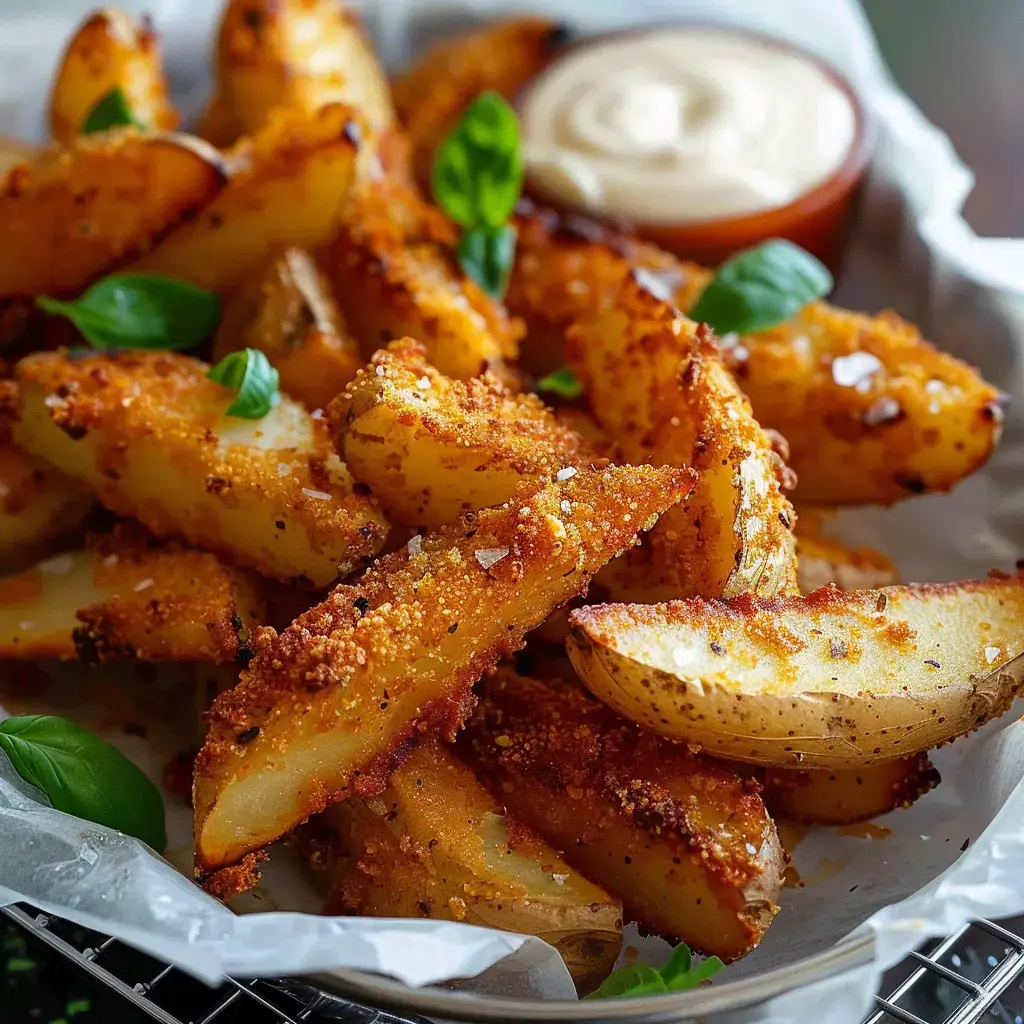 Des quartiers de pommes de terre croustillantes, assaisonnés et accompagnés d'une sauce blanche, garnis de quelques feuilles de basilic.