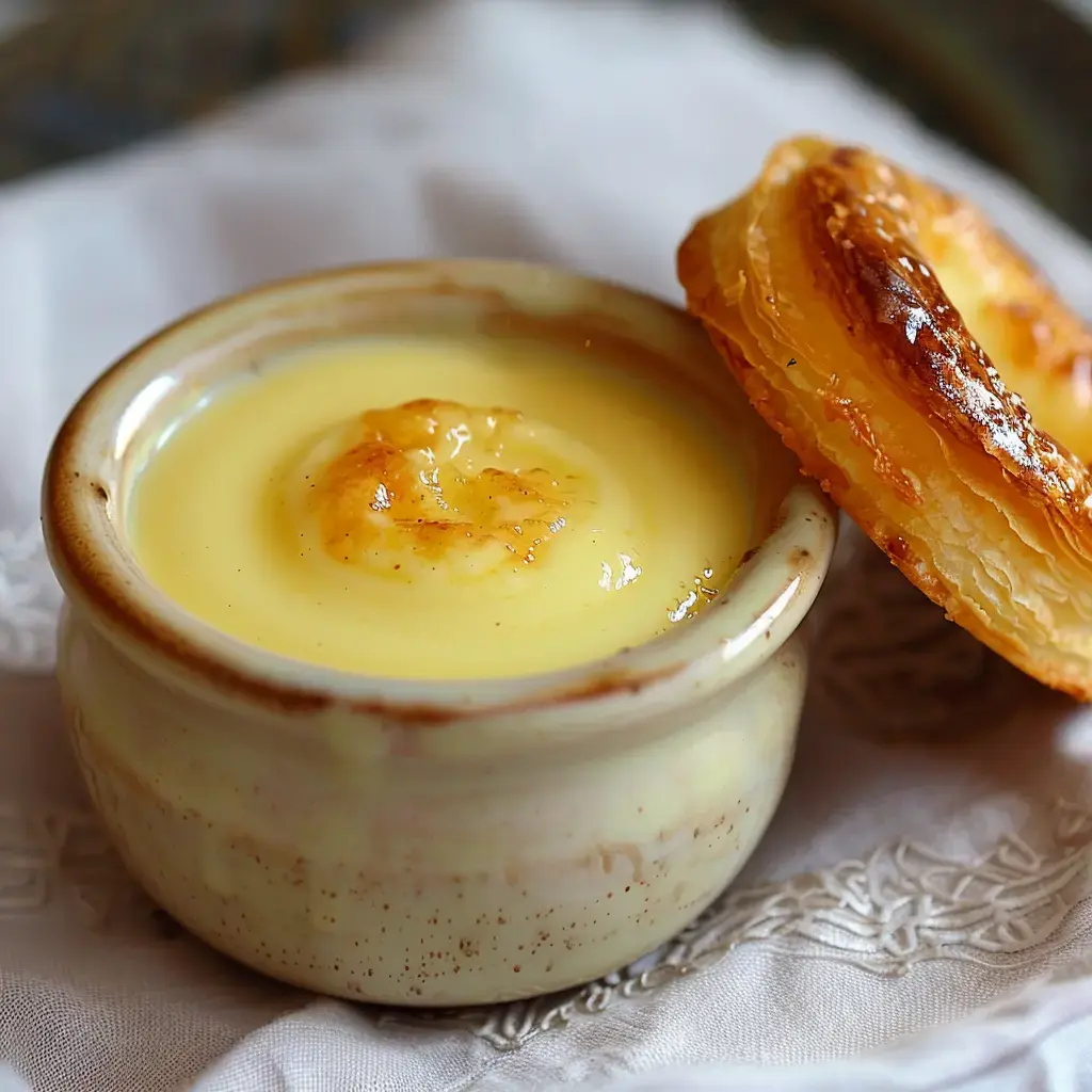 Un pot en céramique contient une crème onctueuse, accompagné d'un morceau de pâte feuilletée dorée.