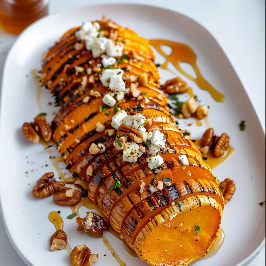 Un plat de patate douce grillée en tranches, garni de fromage, de noix et d'un filet de miel.