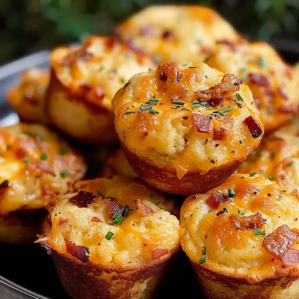 Des muffins dorés garnis de fromage et de morceaux de bacon, ornés de ciboulette.