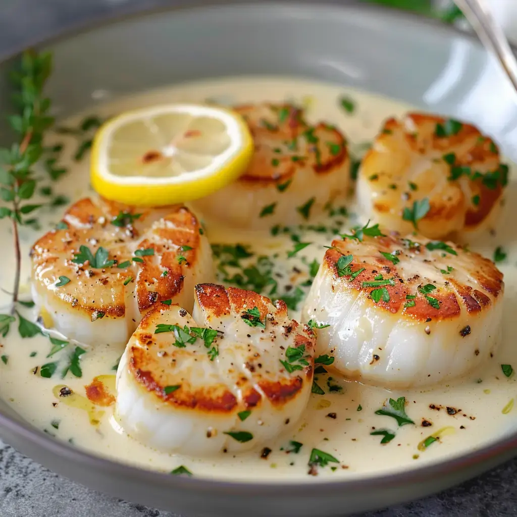 Des coquilles Saint-Jacques dorées dans une sauce crémeuse, garnies de citron et de persil.