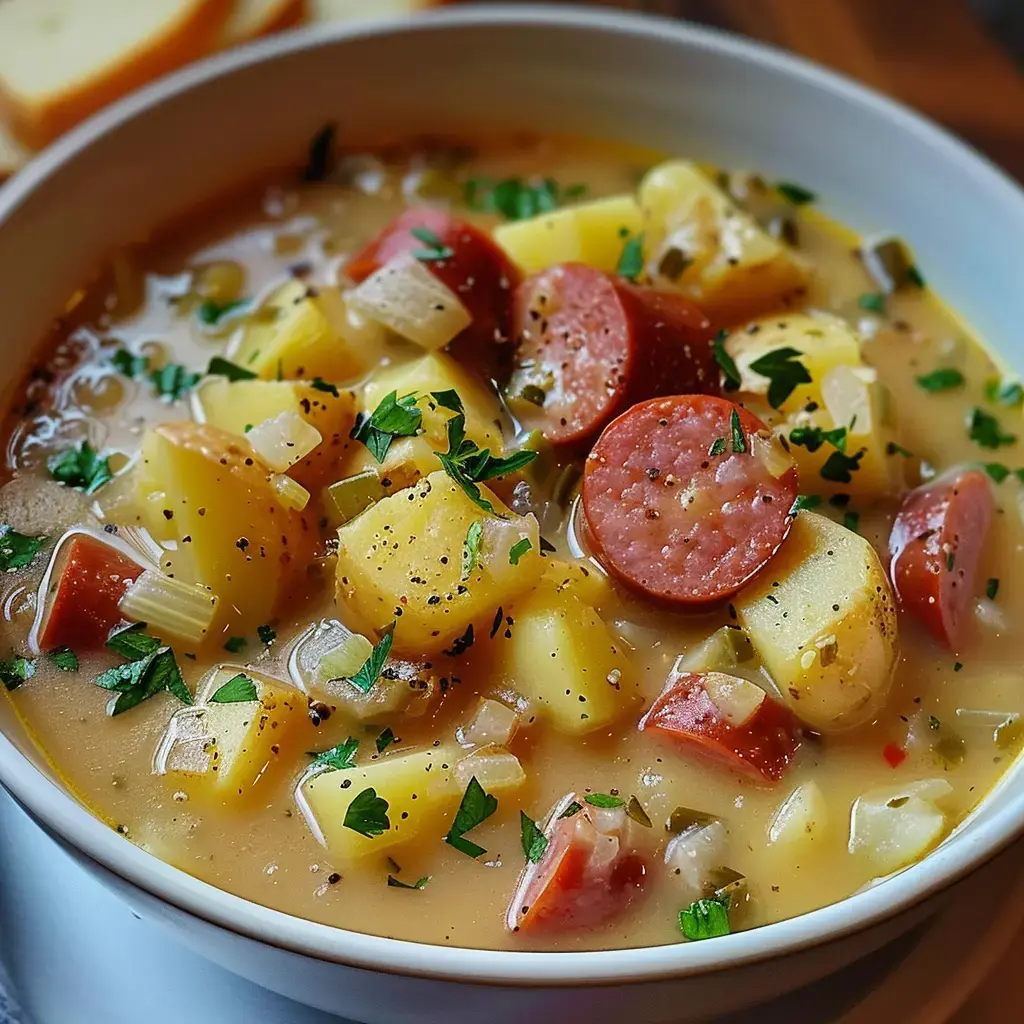 Une soupe crémeuse aux pommes de terre et saucisses, garnie de persil frais.