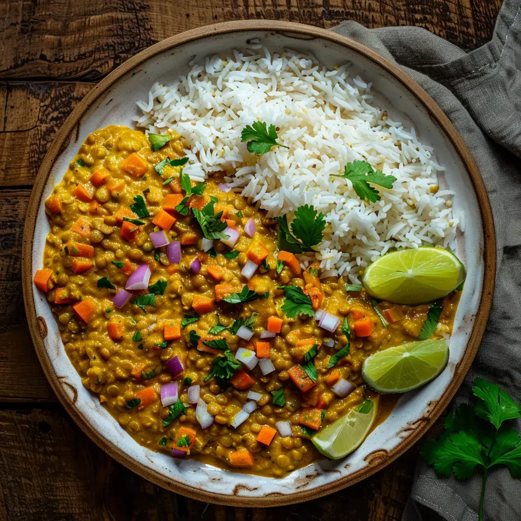 Un bol de lentilles jaunes crémeuses accompagné de riz basmati, garni de carottes, d'oignons et de quartiers de citron vert.