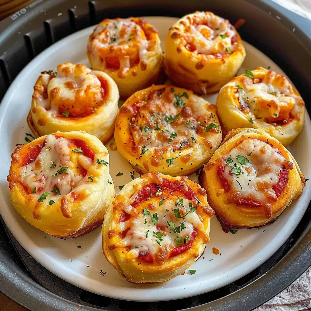 Des petits pains roulés garnis de sauce tomate et de fromage, joliment dorés et parsemés de persil.