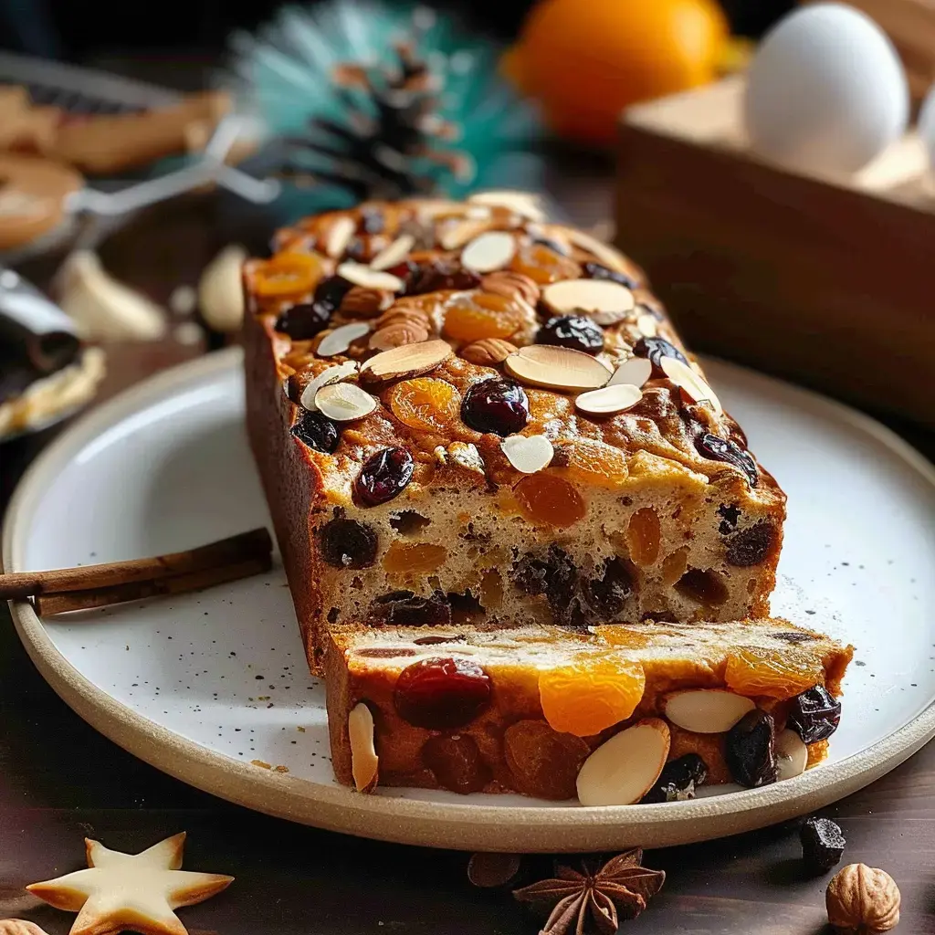 Un cake aux fruits secs, décoré d'amandes et de raisins, est présenté sur une assiette avec des épices autour.