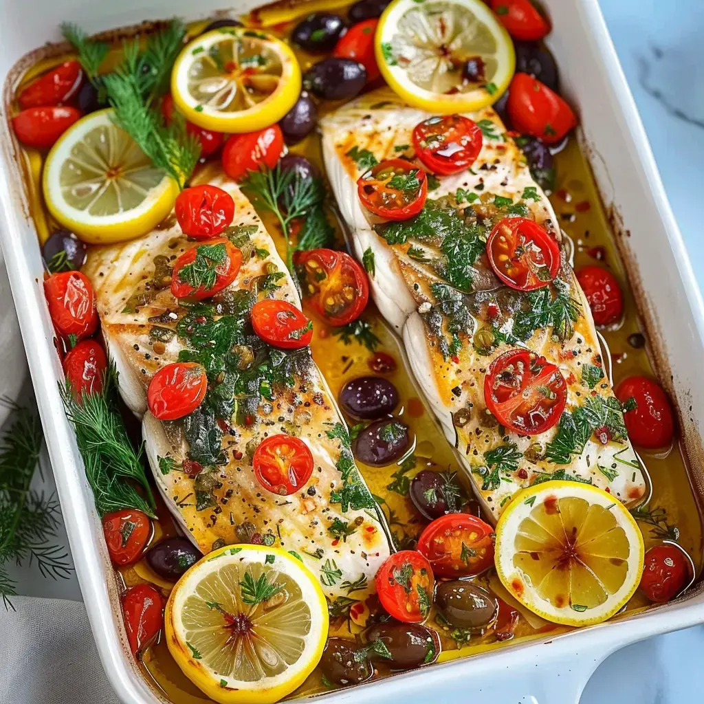 Deux filets de poisson grillés garnis de tomates cerises, d'olives et de rondelles de citron, le tout arrosé d'herbes fraîches dans un plat.