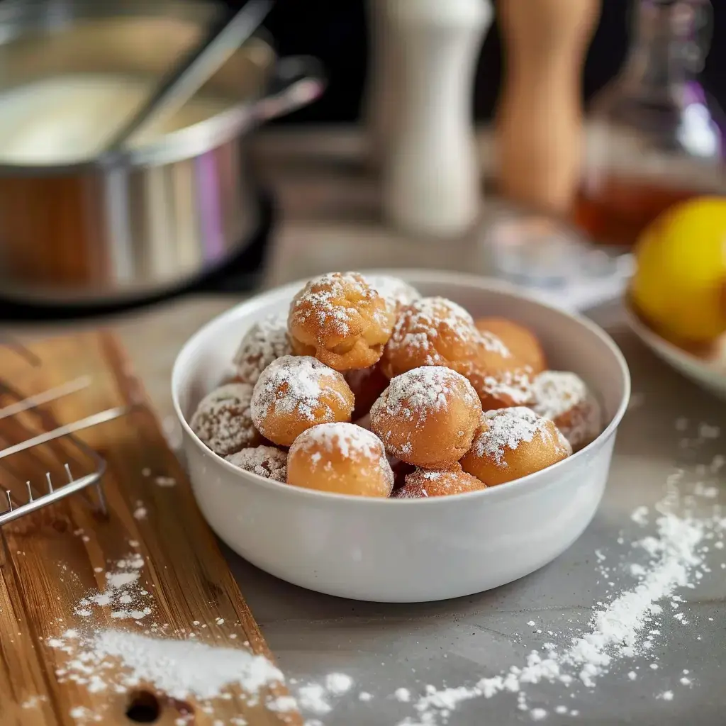 Des boules dorées saupoudrées de sucre glace dans un bol, avec des ingrédients de cuisine en arrière-plan.