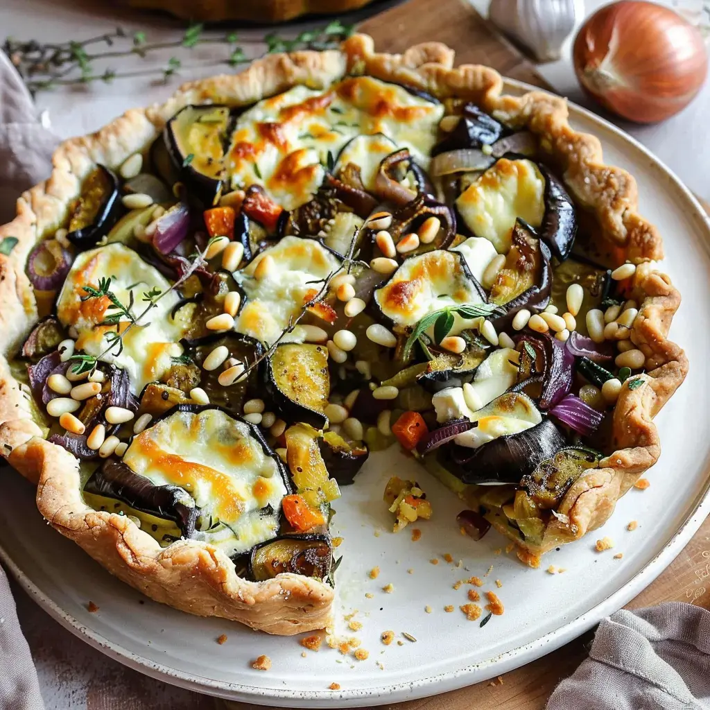 Tarte aux légumes avec une croûte dorée, garnie de courgettes, aubergines, pignons de pin et fromage, présentée sur une assiette.