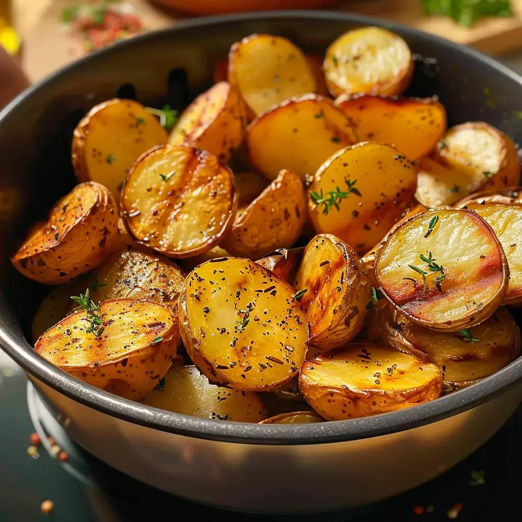 Pommes de terre rôties dorées, assaisonnées de thym et de poivre, dans un plat noir.