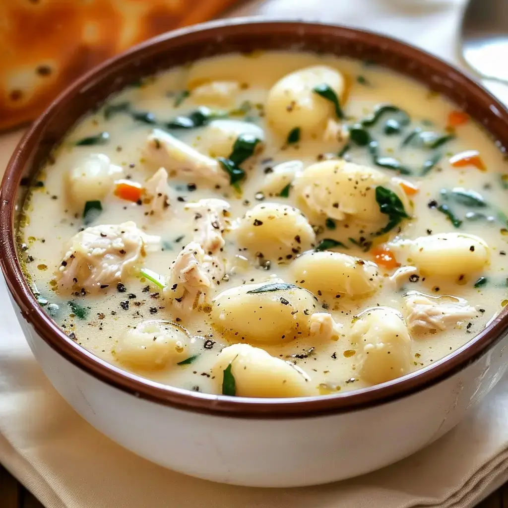 Un bol de soupe crémeuse avec des gnocchis, du poulet, des épinards et des morceaux de carottes, assaisonnée de poivre noir.