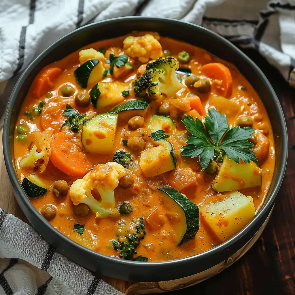 Un plat de légumes colorés dans une sauce crémeuse, comprenant des carottes, des courgettes, du brocoli et du chou-fleur, décoré de feuilles de persil.